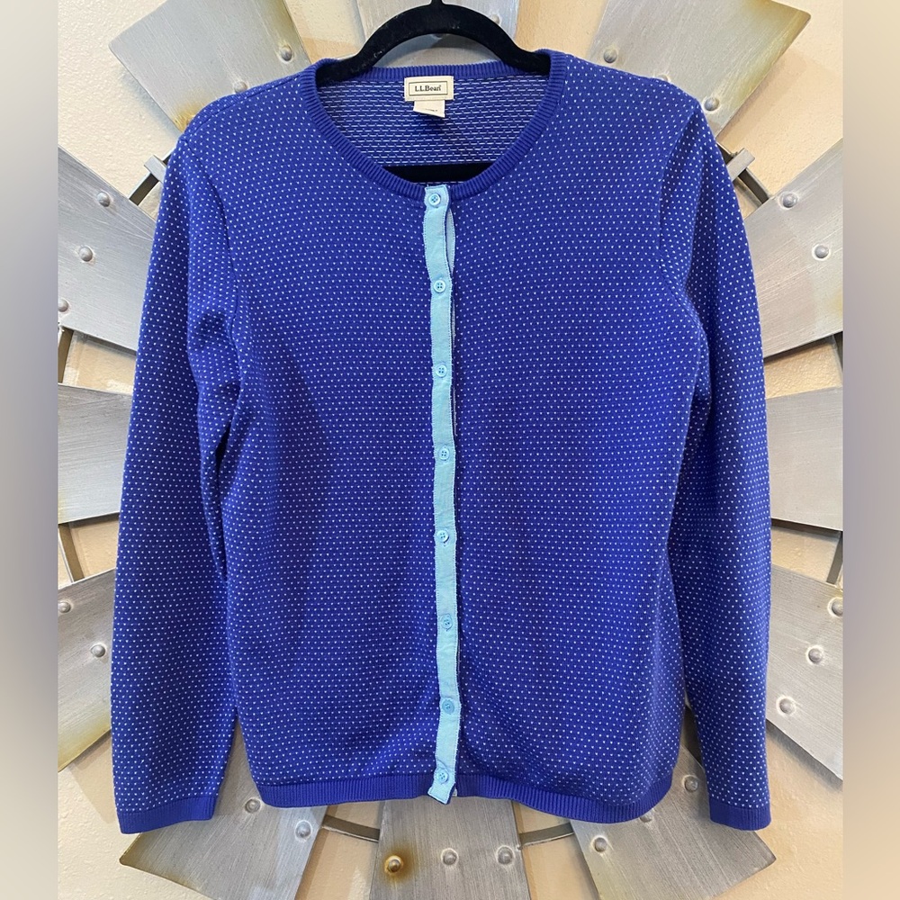 L.L. Bean Blue Polka Dot Cotton Sweater with Light Blue Accents